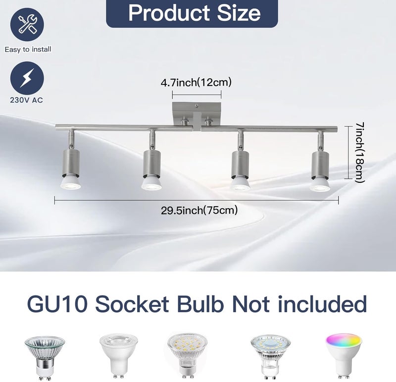 SEEBLEN Modern 4-Light Track Lighting Fixture, Brushed Nickel Ceiling Mount Spotlight Bar, GU10 Compatible, Adjustable Heads - Image 2